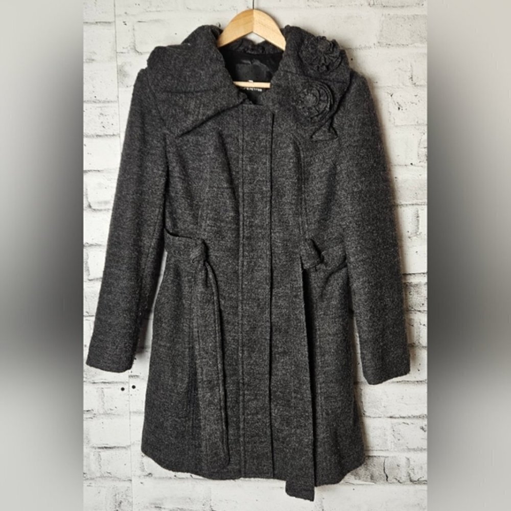 Laura Petite Grey Wool Blend Pea Coat With Floral Accents On the Collar.